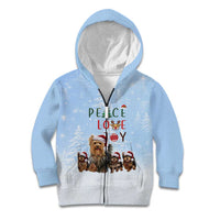 Yorkshire Terrier Dog Christmas Kid Hoodie with Peace Love Joy Quote and Santa Hat Puppies in Snowy Winter Scene - Wonder Print Shop