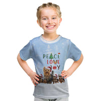 Yorkshire Terrier Dog Christmas Kid T Shirt with Peace Love Joy Quote and Santa Hat Puppies in Snowy Winter Scene - Wonder Print Shop
