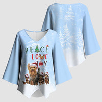 Yorkshire Terrier Dog Christmas Kimono Sleeve Blouse with Peace Love Joy Quote and Santa Hat Puppies in Snowy Winter Scene - Wonder Print Shop