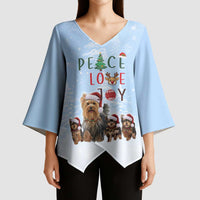 Yorkshire Terrier Dog Christmas Kimono Sleeve Blouse with Peace Love Joy Quote and Santa Hat Puppies in Snowy Winter Scene - Wonder Print Shop