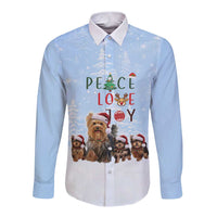 Yorkshire Terrier Dog Christmas Long Sleeve Button Shirt with Peace Love Joy Quote and Santa Hat Puppies in Snowy Winter Scene - Wonder Print Shop