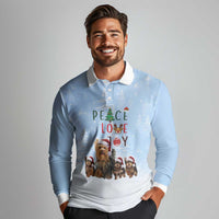 Yorkshire Terrier Dog Christmas Long Sleeve Polo Shirt with Peace Love Joy Quote and Santa Hat Puppies in Snowy Winter Scene - Wonder Print Shop