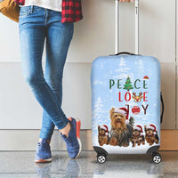 Yorkshire Terrier Dog Christmas Luggage Cover with Peace Love Joy Quote and Santa Hat Puppies in Snowy Winter Scene - Wonder Print Shop