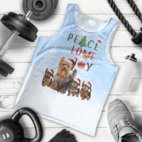 Yorkshire Terrier Dog Christmas Men Tank Top with Peace Love Joy Quote and Santa Hat Puppies in Snowy Winter Scene - Wonder Print Shop