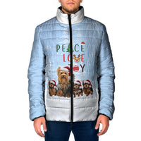 Yorkshire Terrier Dog Christmas Padded Jacket with Peace Love Joy Quote and Santa Hat Puppies in Snowy Winter Scene - Wonder Print Shop