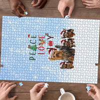 Yorkshire Terrier Dog Christmas Puzzle with Peace Love Joy Quote and Santa Hat Puppies in Snowy Winter Scene - Wonder Print Shop