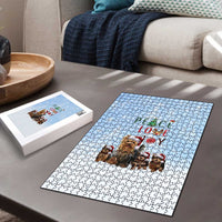 Yorkshire Terrier Dog Christmas Puzzle with Peace Love Joy Quote and Santa Hat Puppies in Snowy Winter Scene - Wonder Print Shop