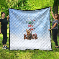 Yorkshire Terrier Dog Christmas Quilt with Peace Love Joy Quote and Santa Hat Puppies in Snowy Winter Scene - Wonder Print Shop