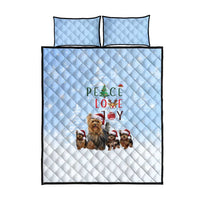 Yorkshire Terrier Dog Christmas Quilt Bed Set with Peace Love Joy Quote and Santa Hat Puppies in Snowy Winter Scene - Wonder Print Shop