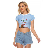 Yorkshire Terrier Dog Christmas Raglan Cropped T Shirt with Peace Love Joy Quote and Santa Hat Puppies in Snowy Winter Scene - Wonder Print Shop