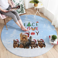 Yorkshire Terrier Dog Christmas Round Carpet with Peace Love Joy Quote and Santa Hat Puppies in Snowy Winter Scene - Wonder Print Shop