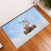 Yorkshire Terrier Dog Christmas Rubber Doormat with Peace Love Joy Quote and Santa Hat Puppies in Snowy Winter Scene - Wonder Print Shop
