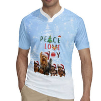 Yorkshire Terrier Dog Christmas Rugby Jersey with Peace Love Joy Quote and Santa Hat Puppies in Snowy Winter Scene - Wonder Print Shop