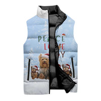Yorkshire Terrier Dog Christmas Sleeveless Puffer Jacket with Peace Love Joy Quote and Santa Hat Puppies in Snowy Winter Scene - Wonder Print Shop
