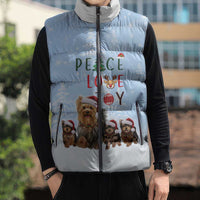 Yorkshire Terrier Dog Christmas Sleeveless Puffer Jacket with Peace Love Joy Quote and Santa Hat Puppies in Snowy Winter Scene - Wonder Print Shop