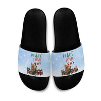 Yorkshire Terrier Dog Christmas Slide Sandals with Peace Love Joy Quote and Santa Hat Puppies in Snowy Winter Scene - Wonder Print Shop