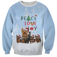 Yorkshire Terrier Dog Christmas Sweatshirt with Peace Love Joy Quote and Santa Hat Puppies in Snowy Winter Scene - Wonder Print Shop