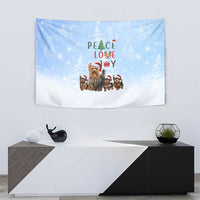 Yorkshire Terrier Dog Christmas Tapestry with Peace Love Joy Quote and Santa Hat Puppies in Snowy Winter Scene - Wonder Print Shop