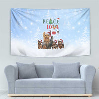 Yorkshire Terrier Dog Christmas Tapestry with Peace Love Joy Quote and Santa Hat Puppies in Snowy Winter Scene - Wonder Print Shop