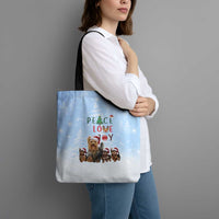 Yorkshire Terrier Dog Christmas Tote Bag with Peace Love Joy Quote and Santa Hat Puppies in Snowy Winter Scene - Wonder Print Shop