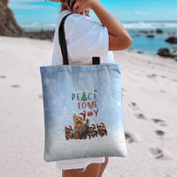 Yorkshire Terrier Dog Christmas Tote Bag with Peace Love Joy Quote and Santa Hat Puppies in Snowy Winter Scene - Wonder Print Shop