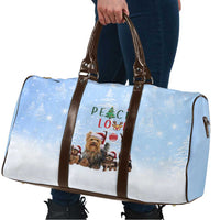 Yorkshire Terrier Dog Christmas Travel Bag with Peace Love Joy Quote and Santa Hat Puppies in Snowy Winter Scene - Wonder Print Shop