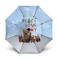 Yorkshire Terrier Dog Christmas Umbrella with Peace Love Joy Quote and Santa Hat Puppies in Snowy Winter Scene - Wonder Print Shop
