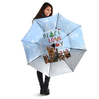 Yorkshire Terrier Dog Christmas Umbrella with Peace Love Joy Quote and Santa Hat Puppies in Snowy Winter Scene - Wonder Print Shop