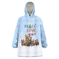 Yorkshire Terrier Dog Christmas Wearable Blanket Hoodie with Peace Love Joy Quote and Santa Hat Puppies in Snowy Winter Scene - Wonder Print Shop