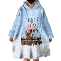 Yorkshire Terrier Dog Christmas Wearable Blanket Hoodie with Peace Love Joy Quote and Santa Hat Puppies in Snowy Winter Scene - Wonder Print Shop