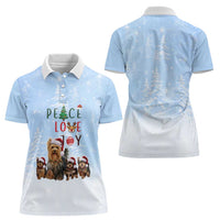 Yorkshire Terrier Dog Christmas Women Polo Shirt with Peace Love Joy Quote and Santa Hat Puppies in Snowy Winter Scene - Wonder Print Shop