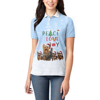 Yorkshire Terrier Dog Christmas Women Polo Shirt with Peace Love Joy Quote and Santa Hat Puppies in Snowy Winter Scene - Wonder Print Shop