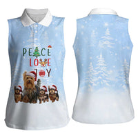Yorkshire Terrier Dog Christmas Women Sleeveless Polo Shirt with Peace Love Joy Quote and Santa Hat Puppies in Snowy Winter Scene - Wonder Print Shop