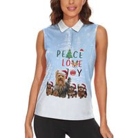 Yorkshire Terrier Dog Christmas Women Sleeveless Polo Shirt with Peace Love Joy Quote and Santa Hat Puppies in Snowy Winter Scene - Wonder Print Shop