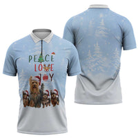 Yorkshire Terrier Dog Christmas Zipper Polo Shirt with Peace Love Joy Quote and Santa Hat Puppies in Snowy Winter Scene - Wonder Print Shop