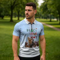 Yorkshire Terrier Dog Christmas Zipper Polo Shirt with Peace Love Joy Quote and Santa Hat Puppies in Snowy Winter Scene - Wonder Print Shop