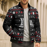 Viking Christmas Bomber Puffer Jacket with Fa La La La La Valhalla Quote and Longship Nordic Pattern - Wonder Print Shop