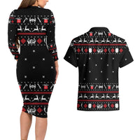 Viking Christmas Couples Matching Long Sleeve Bodycon Dress and Hawaiian Shirt with Fa La La La La Valhalla Quote and Longship Nordic Pattern - Wonder Print Shop
