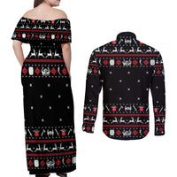 Viking Christmas Couples Matching Off Shoulder Maxi Dress and Long Sleeve Button Shirt with Fa La La La La Valhalla Quote and Longship Nordic Pattern - Wonder Print Shop