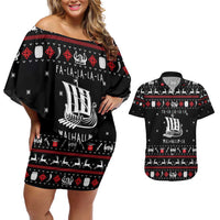 Viking Christmas Couples Matching Off Shoulder Short Dress and Hawaiian Shirt with Fa La La La La Valhalla Quote and Longship Nordic Pattern - Wonder Print Shop