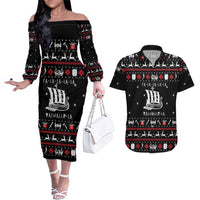 Viking Christmas Couples Matching Off The Shoulder Long Sleeve Dress and Hawaiian Shirt with Fa La La La La Valhalla Quote and Longship Nordic Pattern - Wonder Print Shop