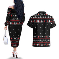 Viking Christmas Couples Matching Off The Shoulder Long Sleeve Dress and Hawaiian Shirt with Fa La La La La Valhalla Quote and Longship Nordic Pattern - Wonder Print Shop