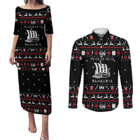 Viking Christmas Couples Matching Puletasi and Long Sleeve Button Shirt with Fa La La La La Valhalla Quote and Longship Nordic Pattern - Wonder Print Shop