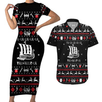 Viking Christmas Couples Matching Short Sleeve Bodycon Dress and Hawaiian Shirt with Fa La La La La Valhalla Quote and Longship Nordic Pattern - Wonder Print Shop