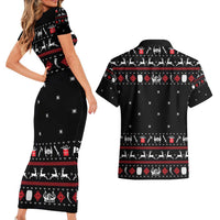 Viking Christmas Couples Matching Short Sleeve Bodycon Dress and Hawaiian Shirt with Fa La La La La Valhalla Quote and Longship Nordic Pattern - Wonder Print Shop