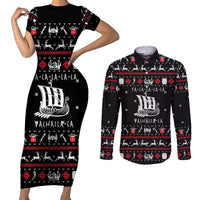 Viking Christmas Couples Matching Short Sleeve Bodycon Dress and Long Sleeve Button Shirt with Fa La La La La Valhalla Quote and Longship Nordic Pattern - Wonder Print Shop