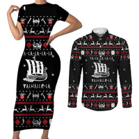Viking Christmas Couples Matching Short Sleeve Bodycon Dress and Long Sleeve Button Shirt with Fa La La La La Valhalla Quote and Longship Nordic Pattern - Wonder Print Shop