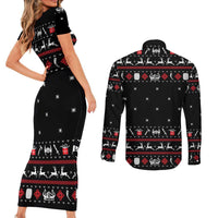 Viking Christmas Couples Matching Short Sleeve Bodycon Dress and Long Sleeve Button Shirt with Fa La La La La Valhalla Quote and Longship Nordic Pattern - Wonder Print Shop
