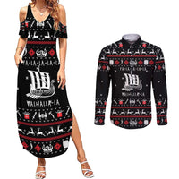 Viking Christmas Couples Matching Summer Maxi Dress and Long Sleeve Button Shirt with Fa La La La La Valhalla Quote and Longship Nordic Pattern - Wonder Print Shop