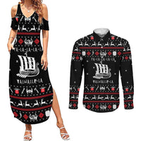Viking Christmas Couples Matching Summer Maxi Dress and Long Sleeve Button Shirt with Fa La La La La Valhalla Quote and Longship Nordic Pattern - Wonder Print Shop